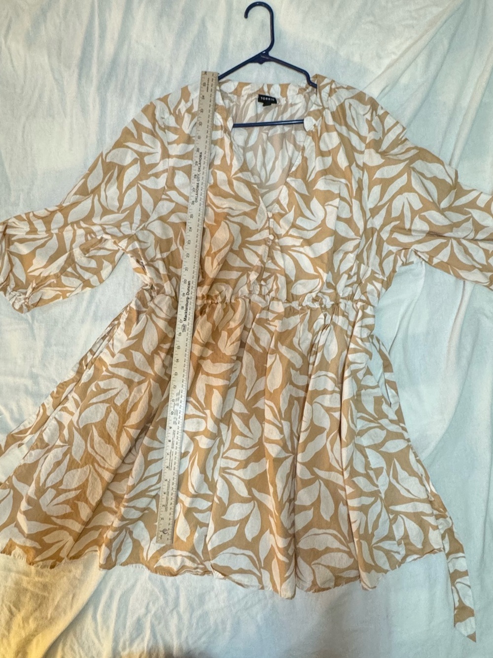 Torrid 2X Beige Tan White Leaf Print 100% Cotton Flowy Fit & Flare Dress - Picture 3 of 5